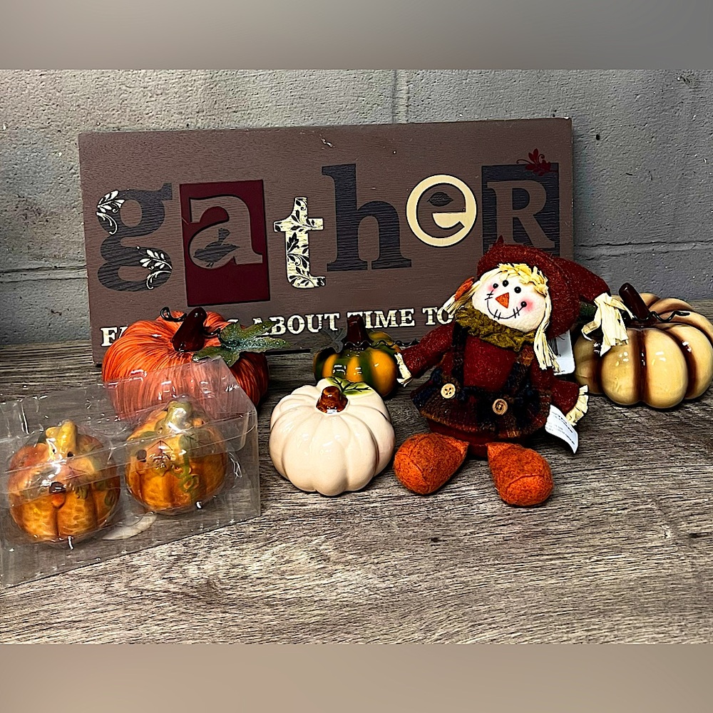 Harvest Fall Decor Lot - Gather Sign,Scarecrow,Salt & Pepper Shakers & Pumpkins